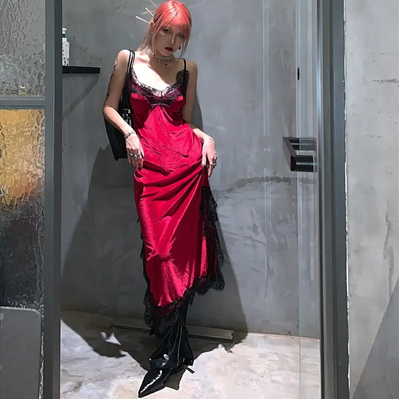 

Vintage Boho Red Velvet Lace Dress Women Design Summer V-neck Sexy Lace Patch Chic Long Slip Dress Vestido Black