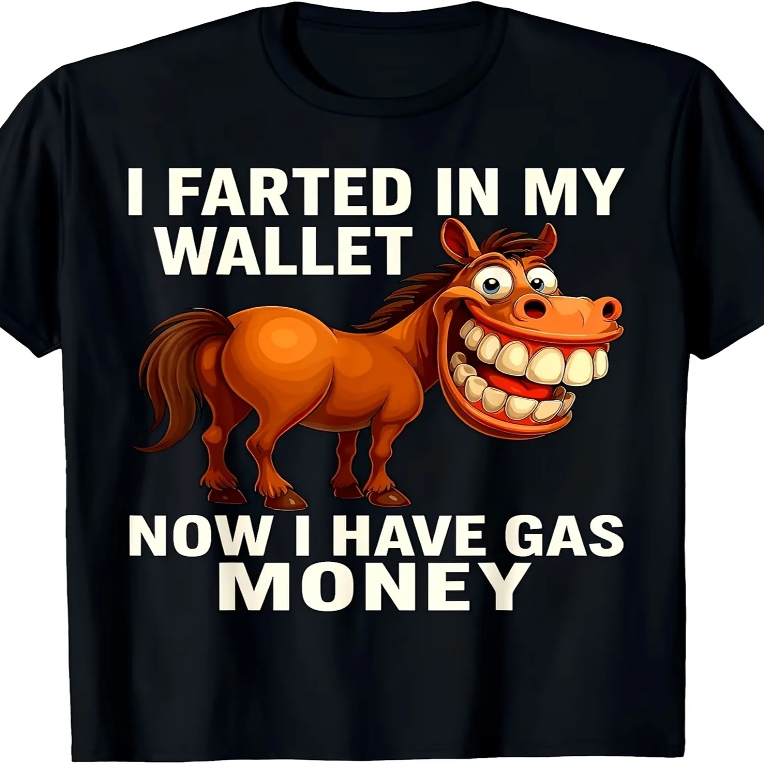 Men'S Grinning Laughing Brown Horse Riding Double Layer Homophone Funny Bold Text Cartoon Print Short Sleeve, Quirky Fun Loose Round Neck Individual T-Shirt Retro Graphic Shirt, Holiday Tshirt