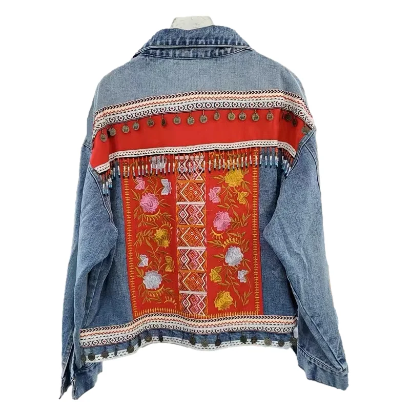 Bohemia flor vermelha bordado denim jaqueta feminina casual cowboy outerwear primavera outono vintage manga longa jeans jaqueta feminina