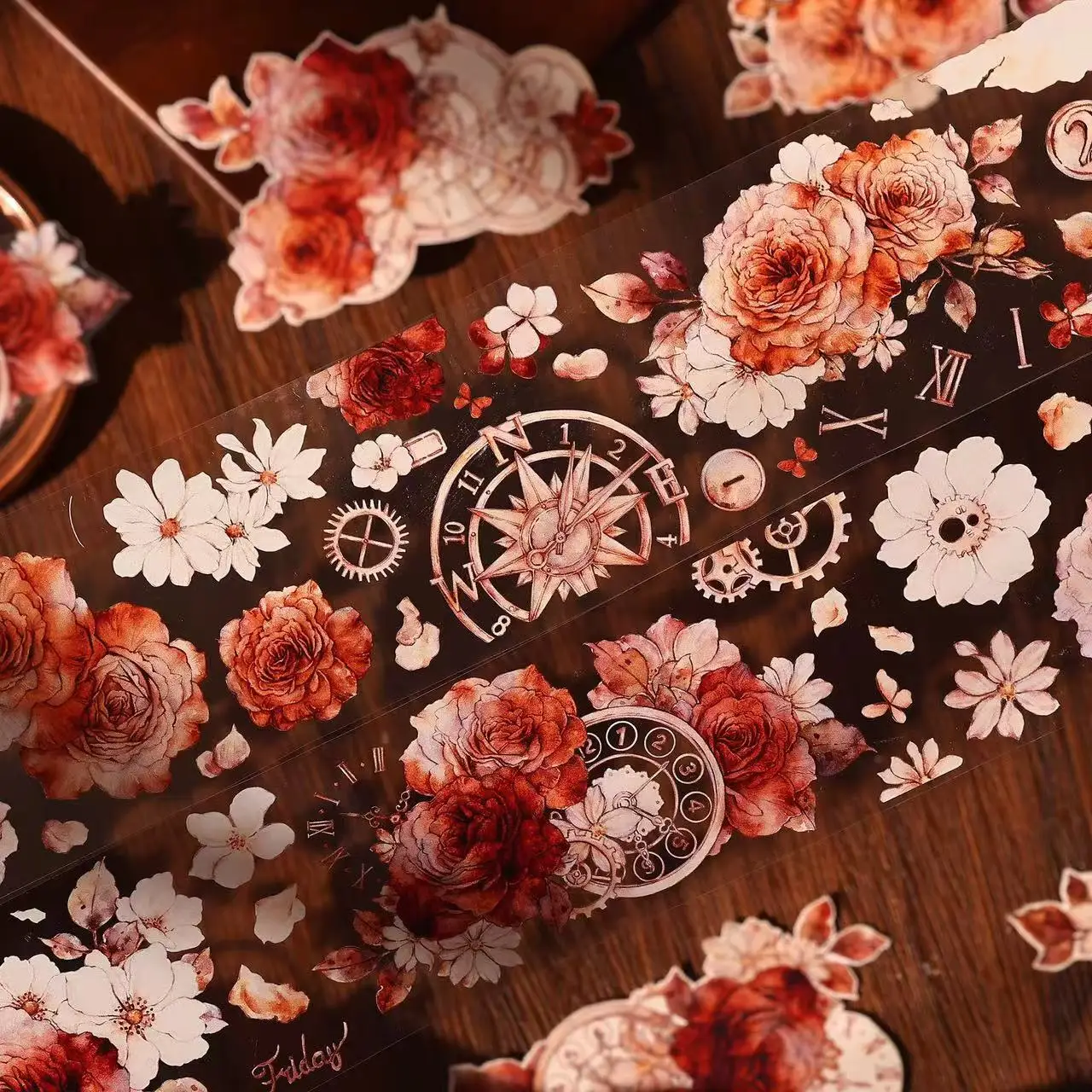 XiaoBaiJia Studio Vintage Red Rose Floral Time Washi PET Tape DIY Card Making Scrapbooking Decorative Sticker