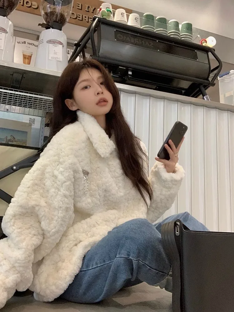 Lamb Fur Jaet Women's Loose Thiened Winter Outerwear Warmth Synthetic Fur Long Sve  Collar k Color Casual Sle