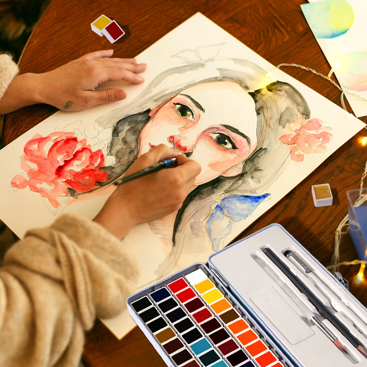 MEILIANG 52 Colors Solid Watercolor Paint Set Professional Travel Watercolor Pigment Art Supplies Suitable for Artist Students