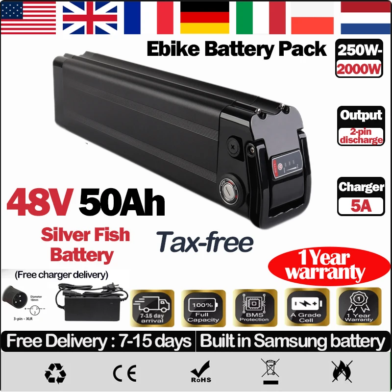 

SilverFish Electric Bike 48V 30ah 50ah Bateria De Litio 20 35 40ah Ebike Akku Accu Bafang 500w 750W 1500w 13s5p 48v Lithium Accu