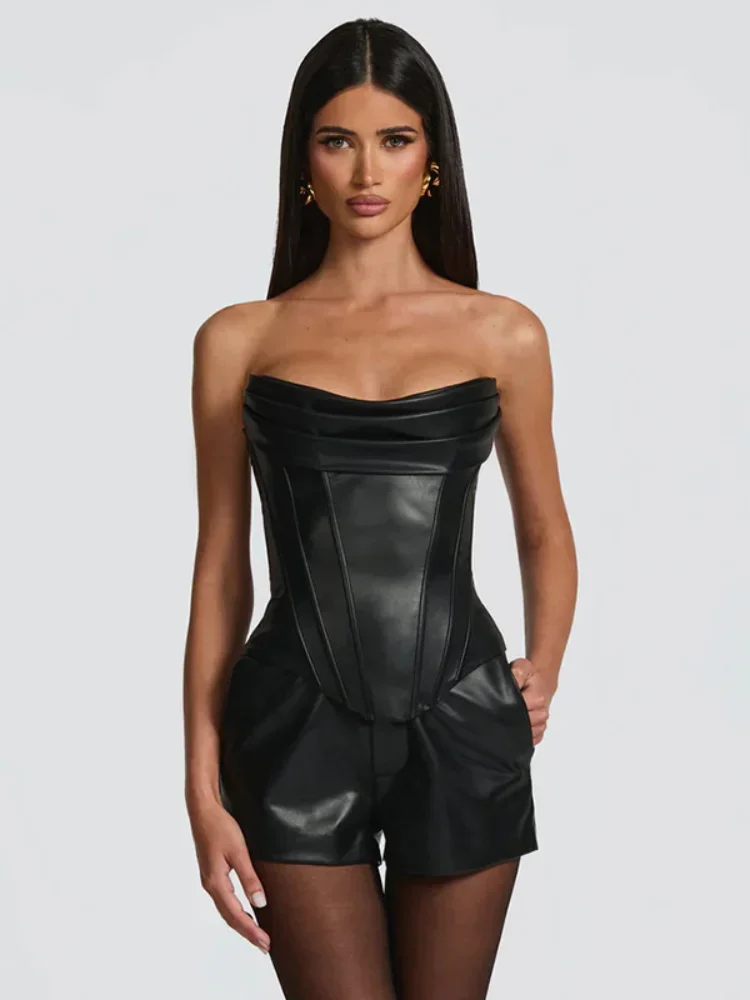 

Lady Black Strapless Leather Vest Backless Solid Off Shoulder Lace Up Corset Short Top 2026 Women Sexy New High Street Tops Wear