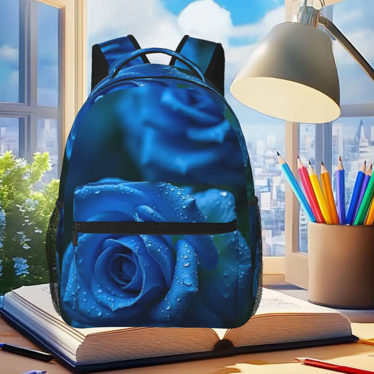 Blue Rose Pattern Backpack Student Boys Girls BookBag Children School Bag Laptop Shoulder Bags for Men Women