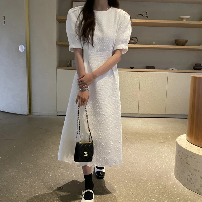 Elegant Tweed Midiชุดผู้หญิงวินเทจพัฟแขนสั้นสีขาวฤดูร้อนสุภาพสตรีเกาหลีเก๋สบายๆสายVestidosใหม่
