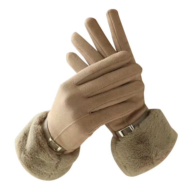 Guanti in pelle scamosciata caldi autunno inverno più guanti da polsino con decorazioni in peluche ispessito in velluto Guanti da sci da equitazione touchscreen resistenti al freddo per esterni