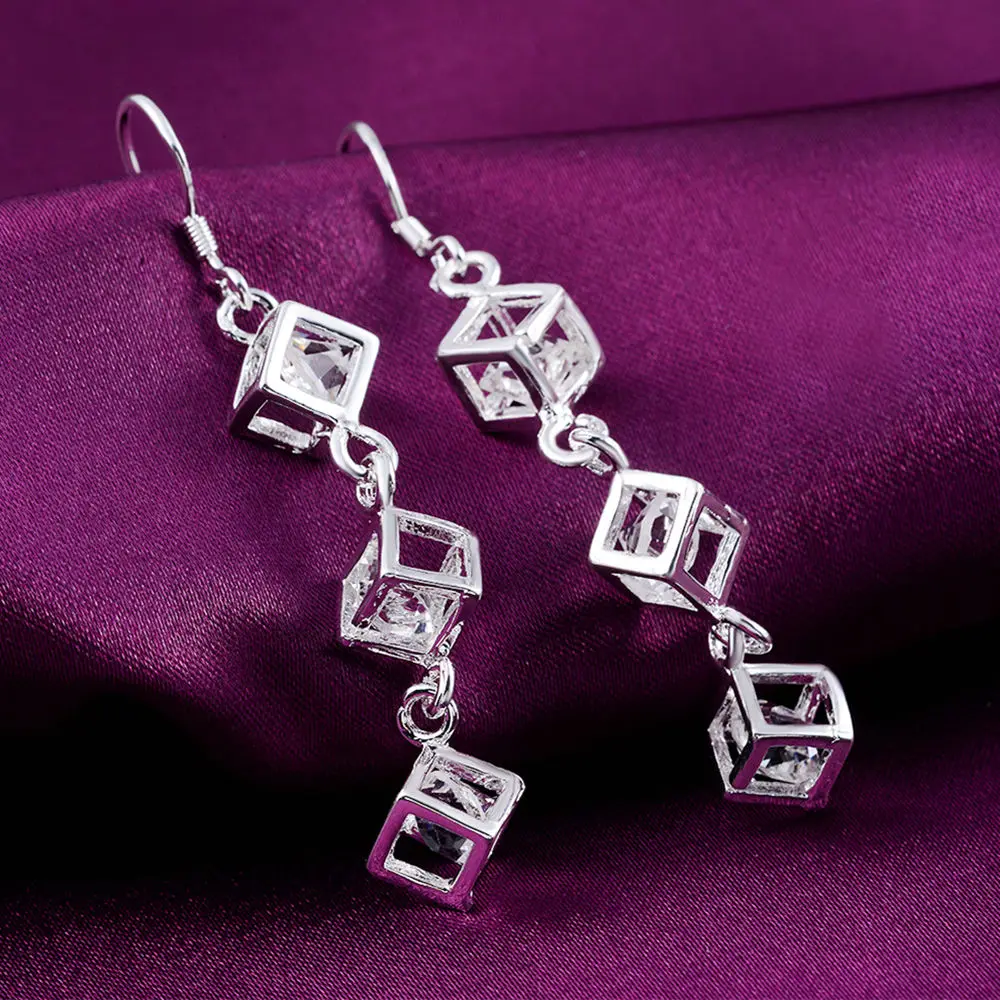 925 Stamp Silver Color Jewelry Earrings for Woman Fine Crystal Lattice Drop Long Earrings Trendsetter Party Christmas Gifts