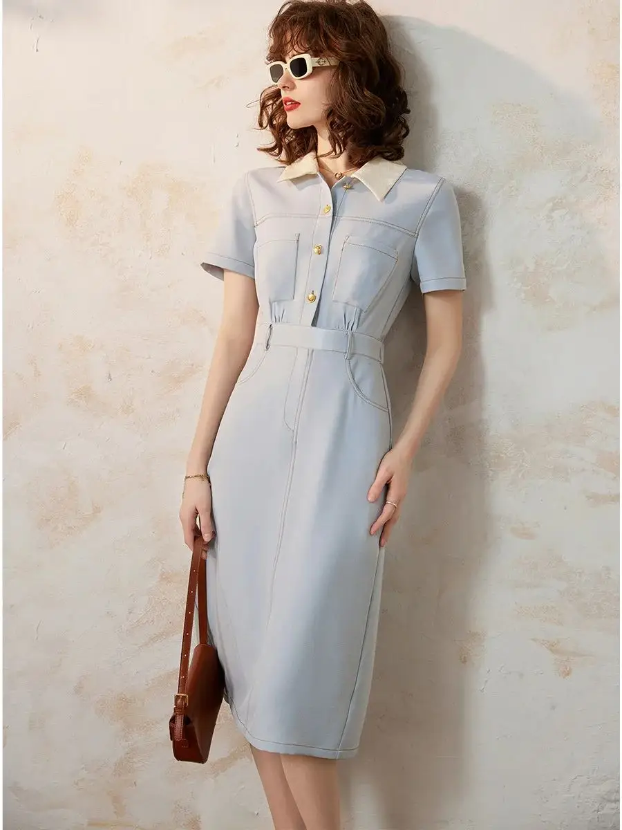 LOUIS YAO Women Dress Elegant Turn Down Collar Short Sleeve Office Lady A-LINE French Style Casual Long Dress