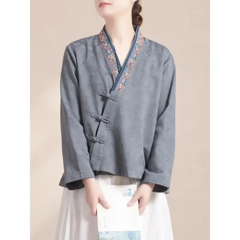 

Chinese Style Retro Placket Embroidered Tray Button Cotton Linen Long-sleeved Cardigan Women's Casual Loose Spring Autumn Top