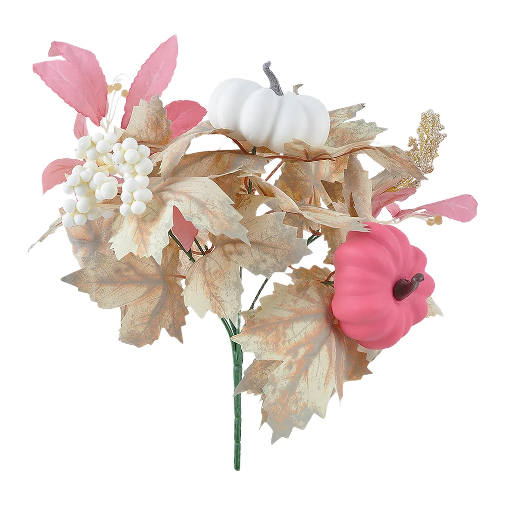 Matte Pink Pumpkin Floral Pick with Gradient Maple Leaves and Berries on Bendable Stem for Custom Autumn Arrangements