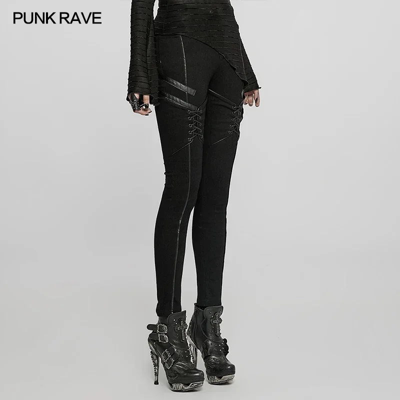 PUNK RAVE-Punk Daily Tight Fit Jeans para Mulheres, Emendado De Couro Falso, Personalidade Calças Pretas, Design De Cordão