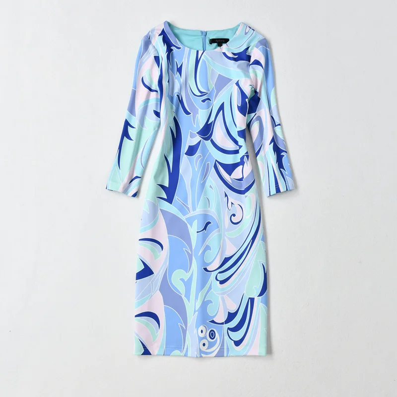 Women's Blue Department Striped Long Sleeve Midi Dress Slim Spring and Autumn Casual Section Long Sleeve Dresses