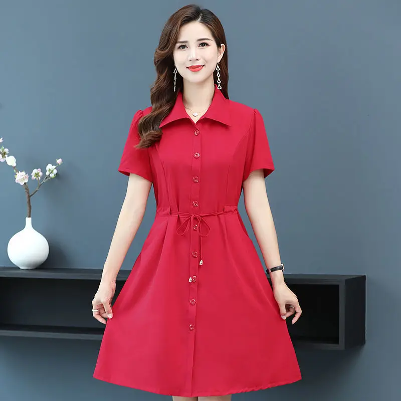 Moms's dress WOMEN'S new waist slimming mid-length dress WOMEN'S temperature youthful-looking comfortable summer shirt dres