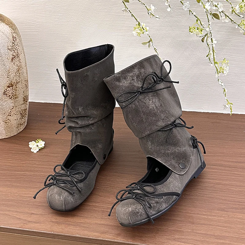 Elevation Mary Jane Shoes Concise Autumn Slip On Mid Calf Booties Detachable Cuff Short Boots Women's Two Way Wear Internal