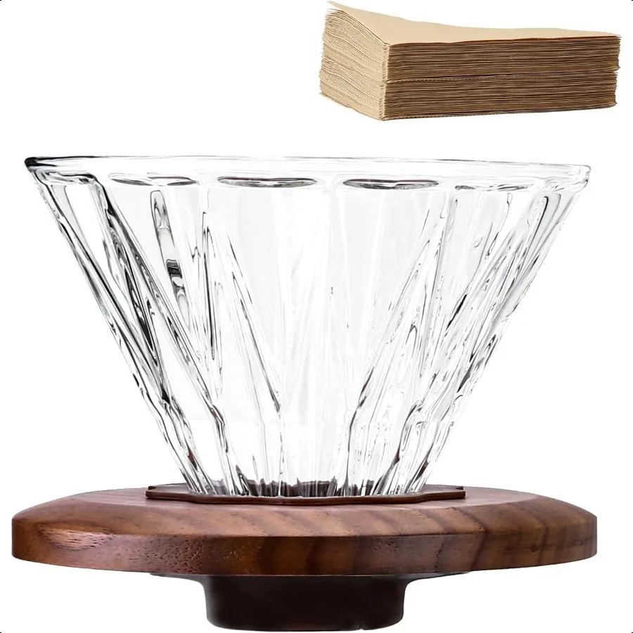 

Glass Coffee Dripper with 100 pcs of Size 02 Paper Filter Borosilicate Glass Walnut Collar Pour Over Coffee Maker 13 Cups Clear