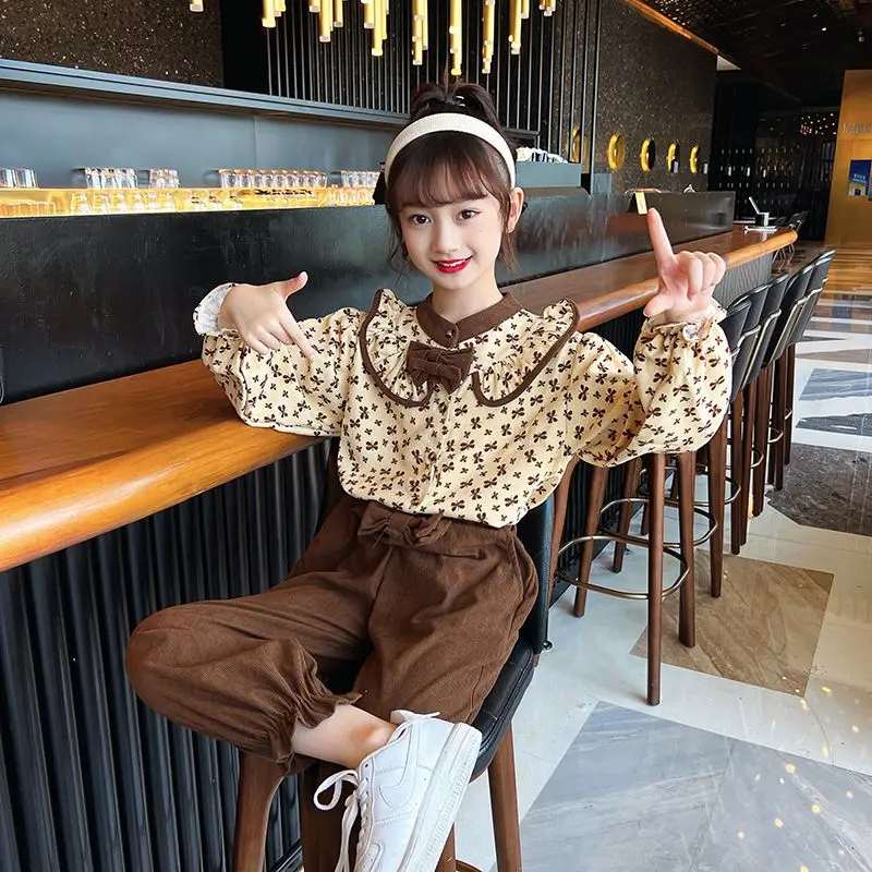 

Floral Top & Pants 2-Piece Set Girls' Clothes Girl Autumn Winter Outfit Elementary Korean Children's Clothing 2025 Long Sleeve