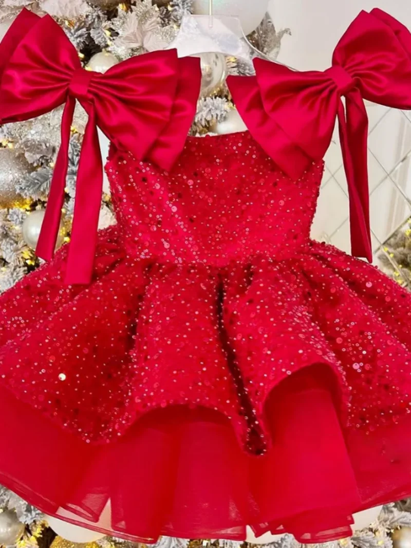 2024 neonate compleanno vestito bambini abiti da principessa retrò con grande fiocco abito da ballo con paillettes per abbigliamento da festa per ragazza