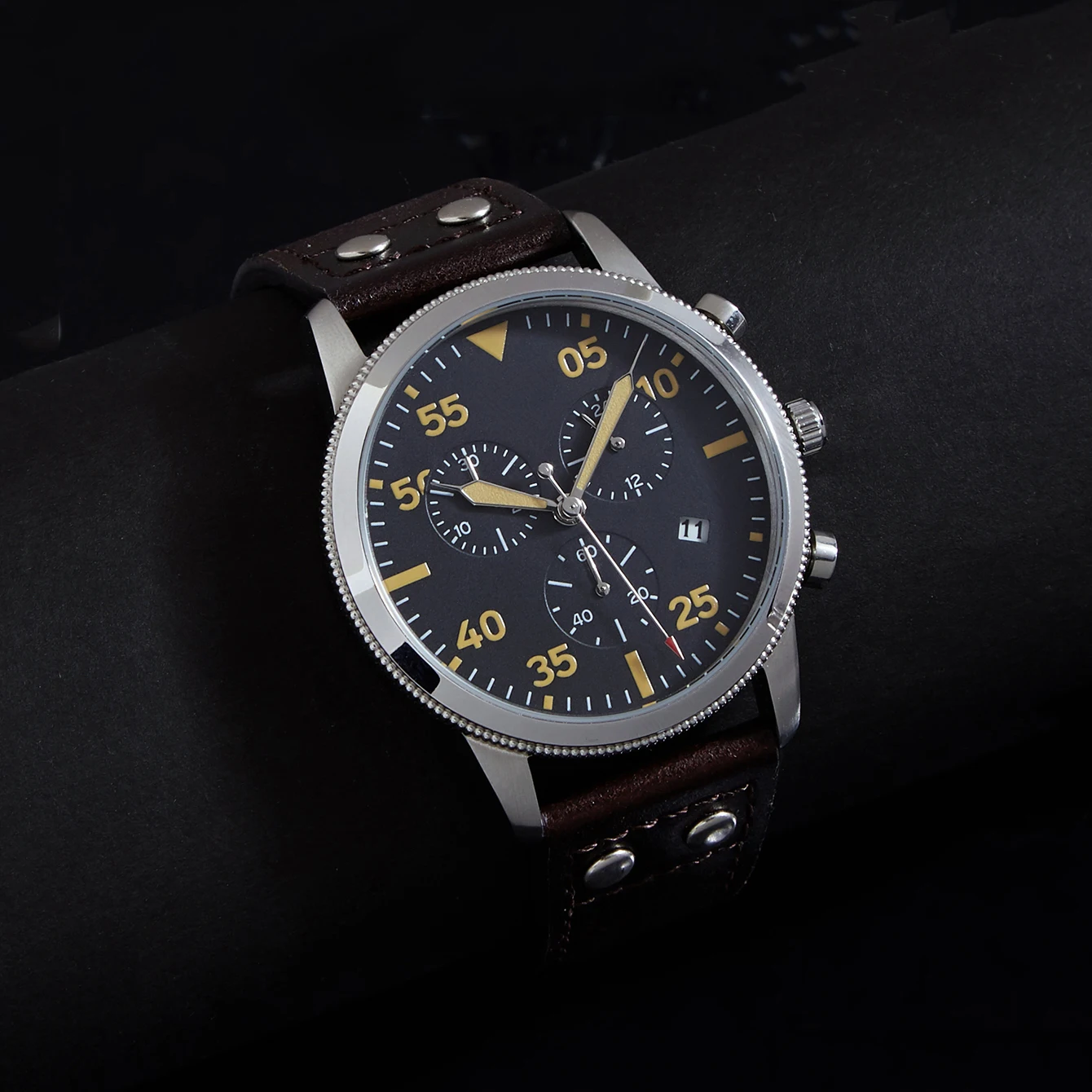 Chronograph Watches 42mm Pilot Japanese JS05 Men Quartz Wristwatch Stopwatch 24 Hours Function