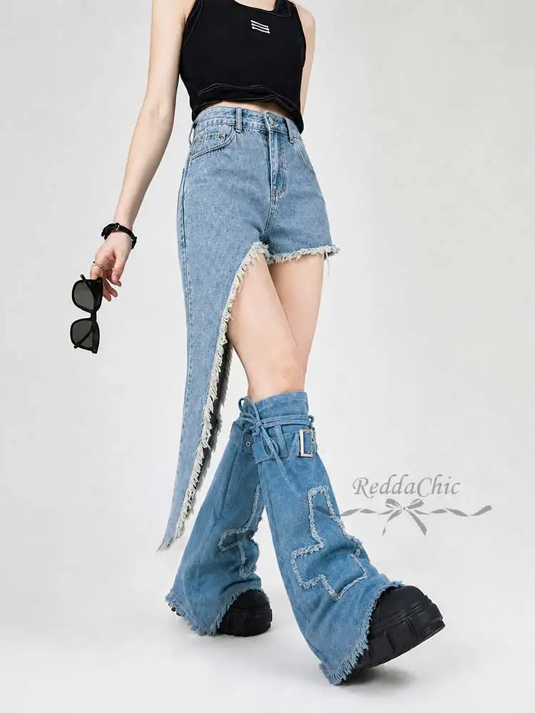 REDDACHiC Denim Leg Warmers & Shorts Women 2-piece Set Y2K Flared Boots Cover Asymmetric Raw Hem Shorts Cowgirl Women Clothes