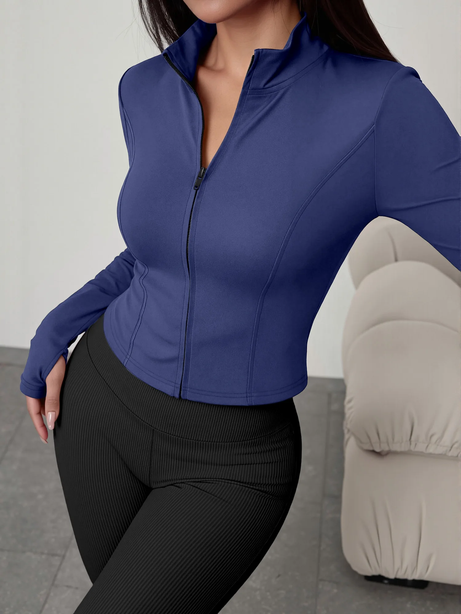 European American Women Ribbed Knit Two Piece Set, Long Sleeve Zip Top With High Waist Flare Pants, Casual Slim Daily Outfit