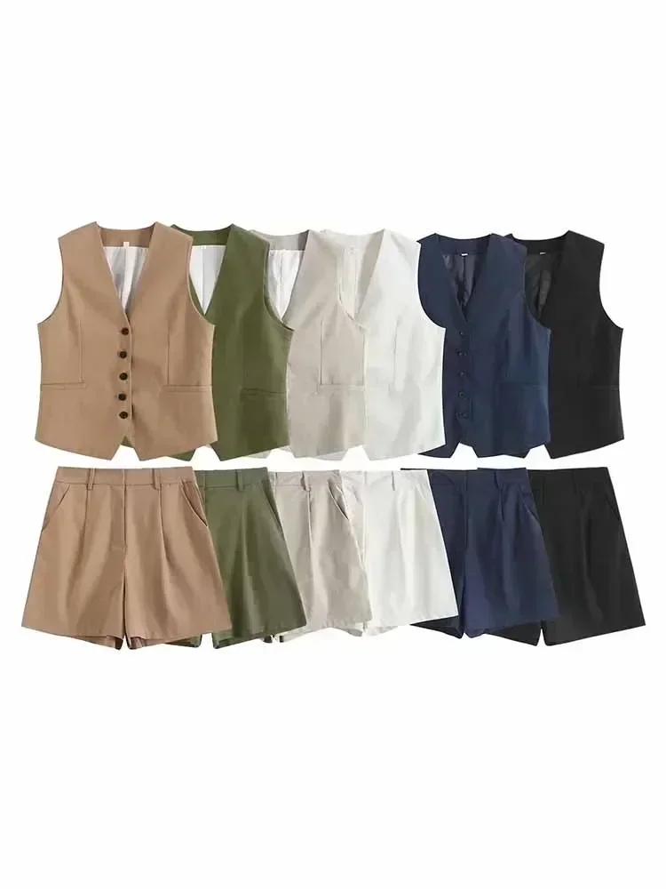 Women New Fashion Linen Cropped Customized Casual Vest Vintage V Neck Button-up Female Waistcoat Chic Tops + shorts Women's suit