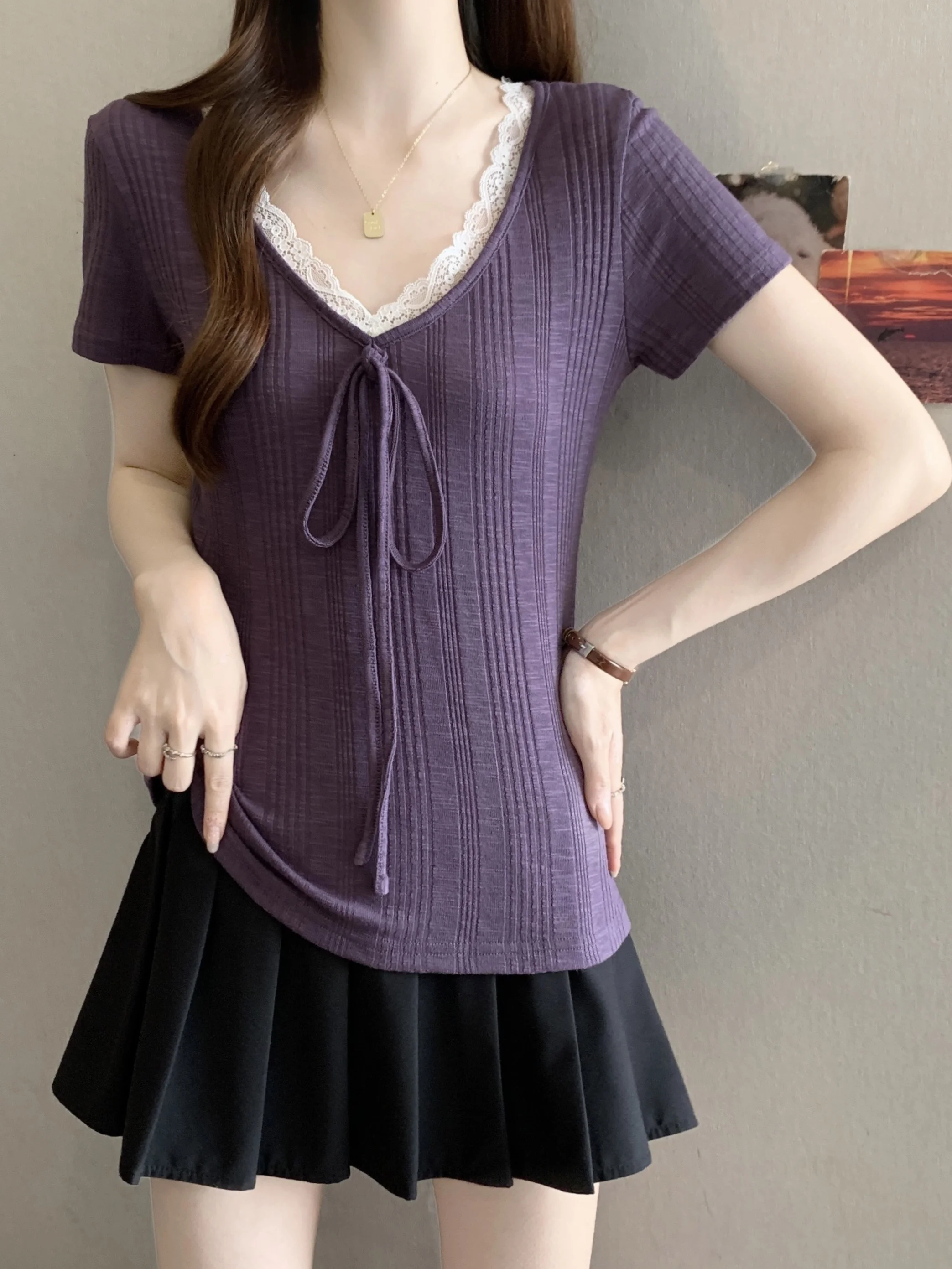

plus Size Women's Sweet Style Purple V-Neck Lace Tie Short Sleeve T-Shirt Slimming Top for Summer High Waist Korean Version