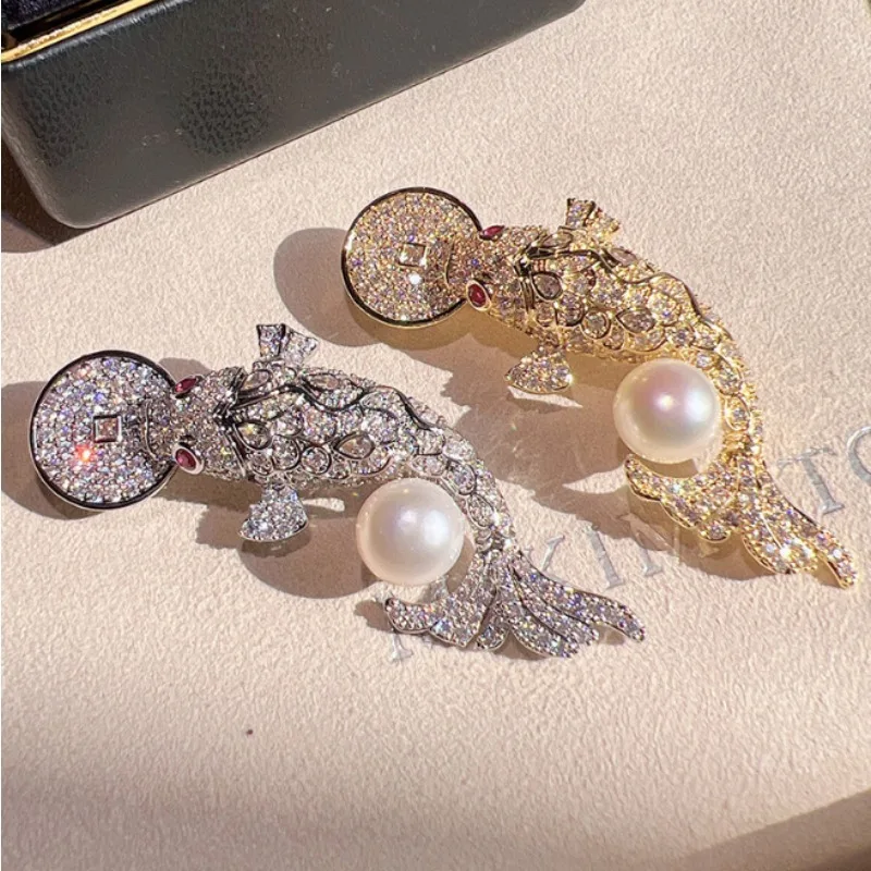 1. Koi Fish Brooch with Pearl & Rhinestones Gold Plated Animal Lapel Pin for Women Luxury Jewelry