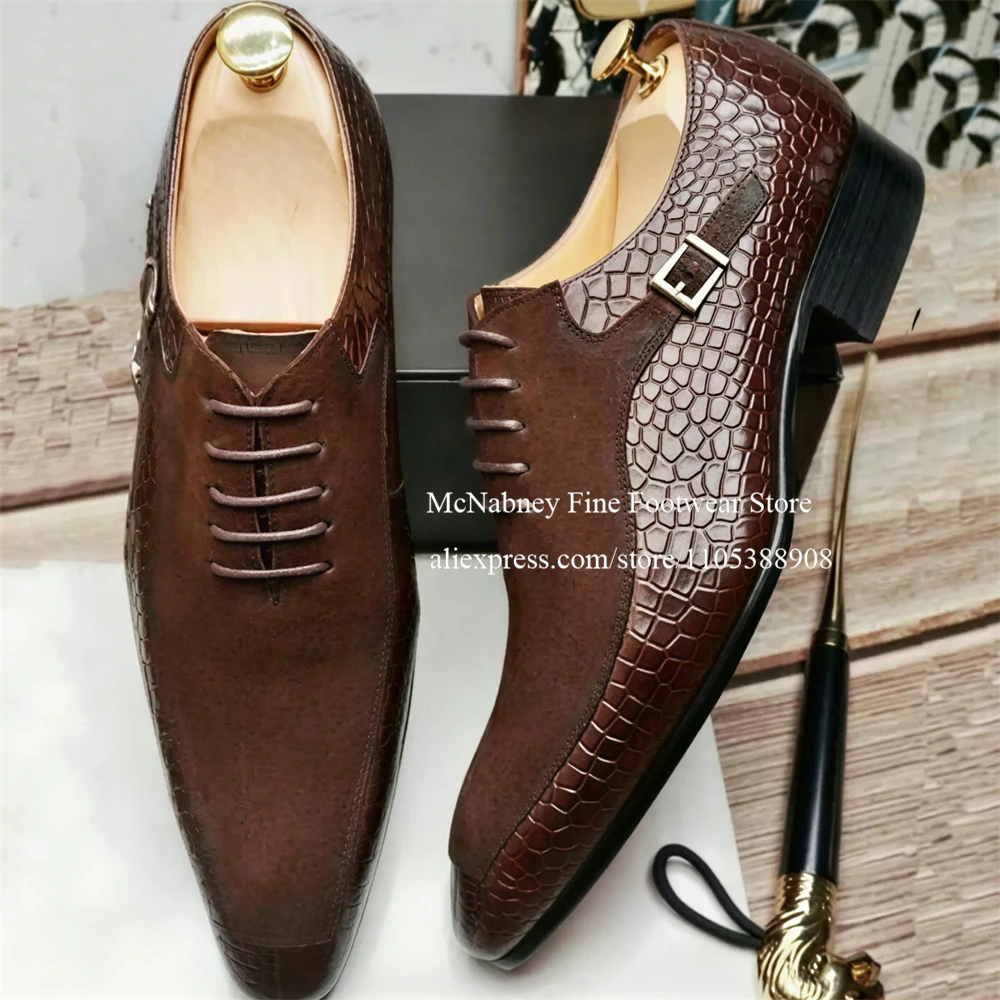 Texture Alligator Monk Strap Leather and Suede Oxfords Men Lace up Pointed Toe Formal Business Wedding Gentlemen Dress Shoes