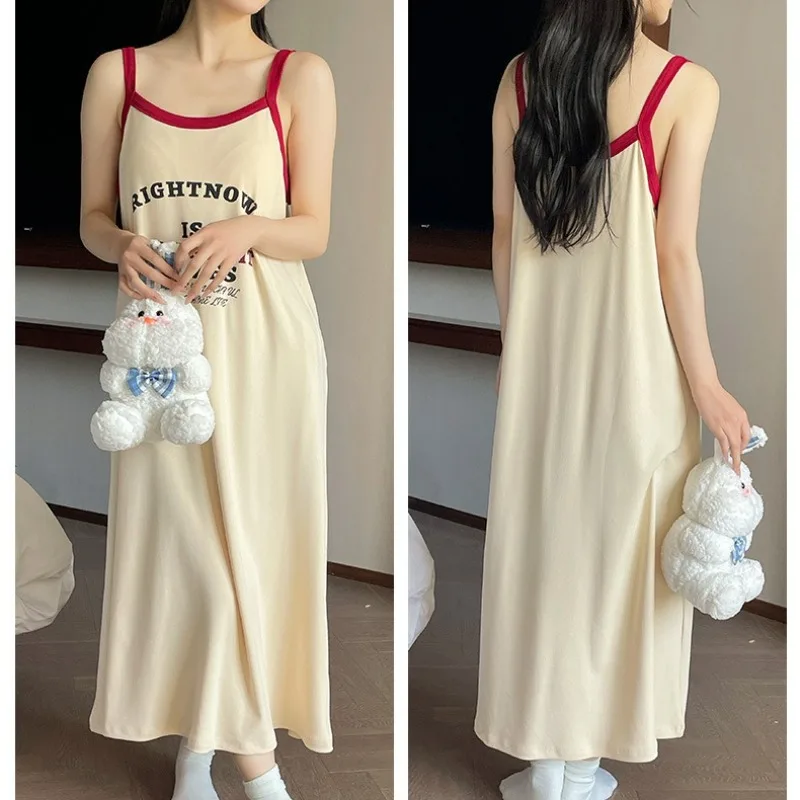 3XL Große Größe Pyjamas Langes Kleid mit Brust Pad Koreanische Badeort Maxi Kleid Sommer Hosenträger Nachthemd Kann Draußen Tragen