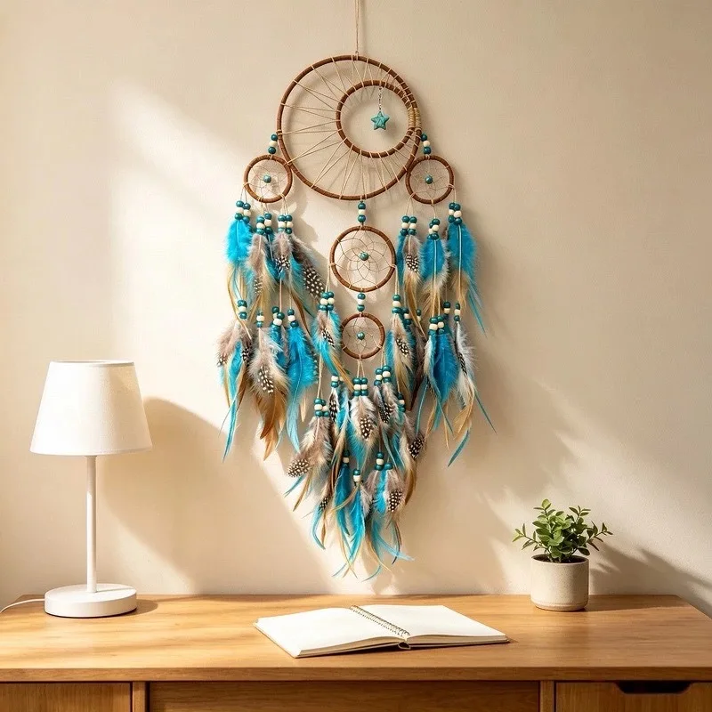 Bohemian Moon Shape Dreamcatcher Hand‑Woven Multi‑Circles Wall Hanging Ornament Turquoise Beads Natural Feather Wall Decor Gift.