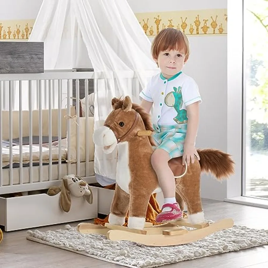 Rocking Horse Plush Animal on Wooden Rockers, Baby Rocking Chair with Sounds, Moving Mouth, Wagging Tail, Brown