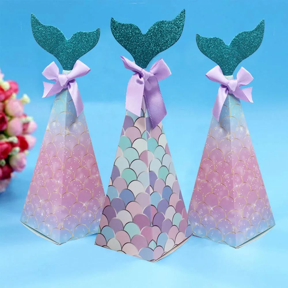 

10PCS Mermaid Tail Candy Box Gift Packaging Paper Bag Popcorn Boxes Kids Little Favors Mermaid Birthday Party Decorations