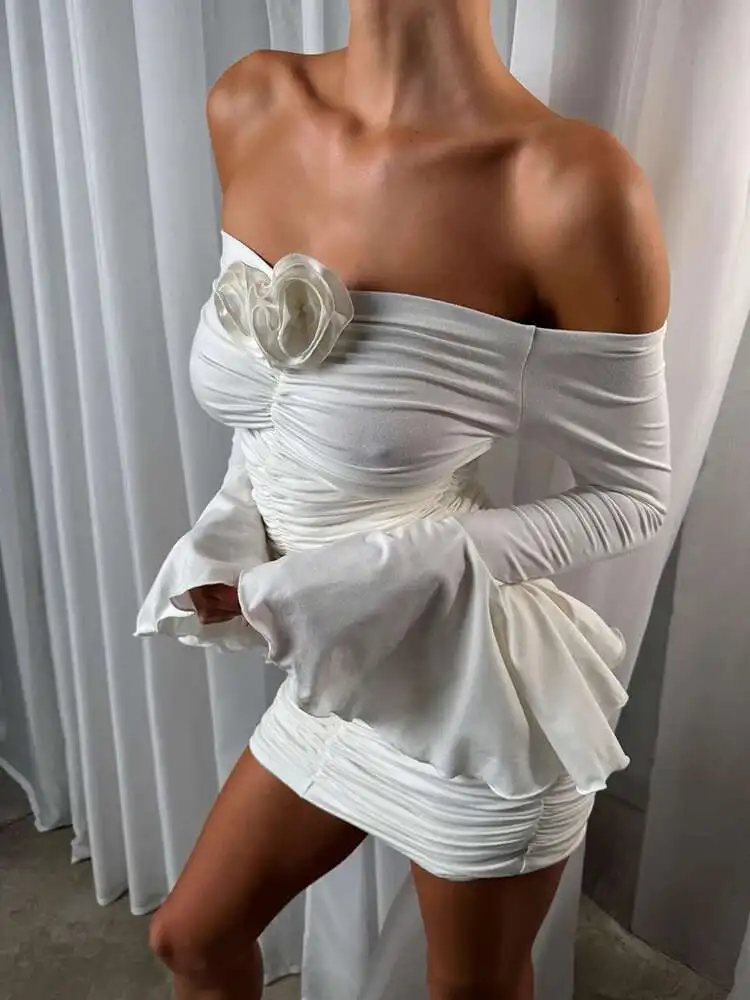 Blifanbo Trägerloses Blumen-Sexy-Schulter-Minikleid für Damen, modisch, lange Aufflackernärmel, rückenfrei, gerüscht, Club-Partykleid, elegant