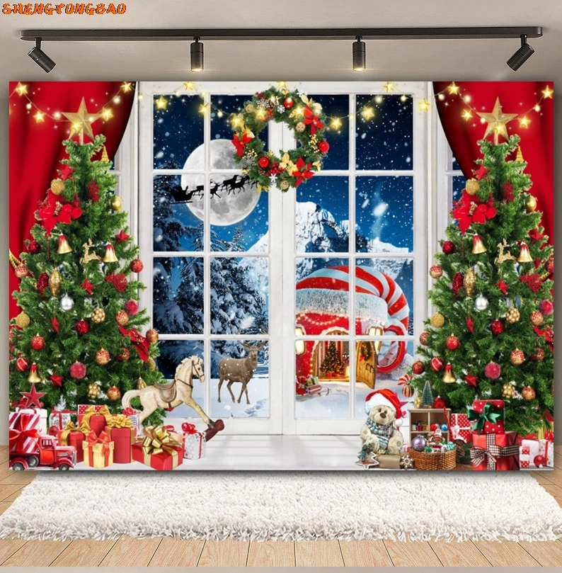 Christmas Backdrop Xmas Tree Winter Window Fireplace Santa Claus Gift Family Portrait Photography Background Decor Photo Studio