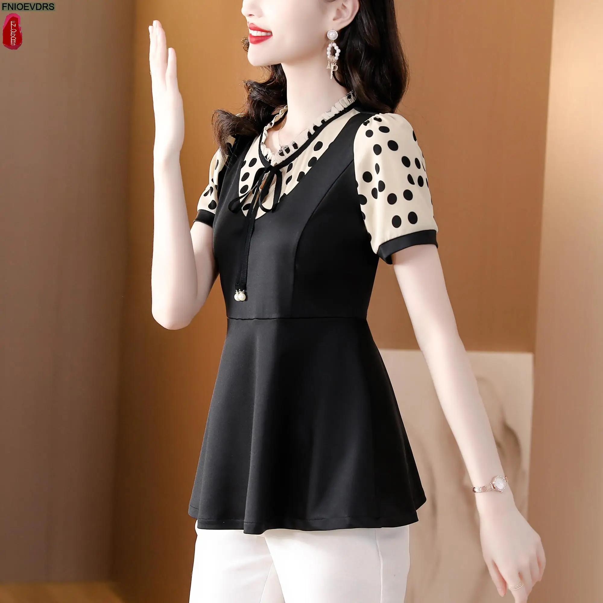 N-5XL 2023 Loose Clothes Women European Style Elegant Office Lady Basic Dot Shirt Casual Retro Floral Print Peplum Tops Blouses