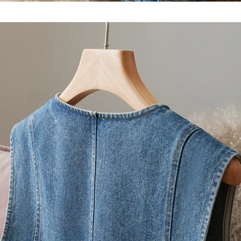 

Spring Autumn Women's Summer Patchwork Denim Button Pockets Sleeveless Cardigan Coats Casual Fashion Elegant Vintage Tops