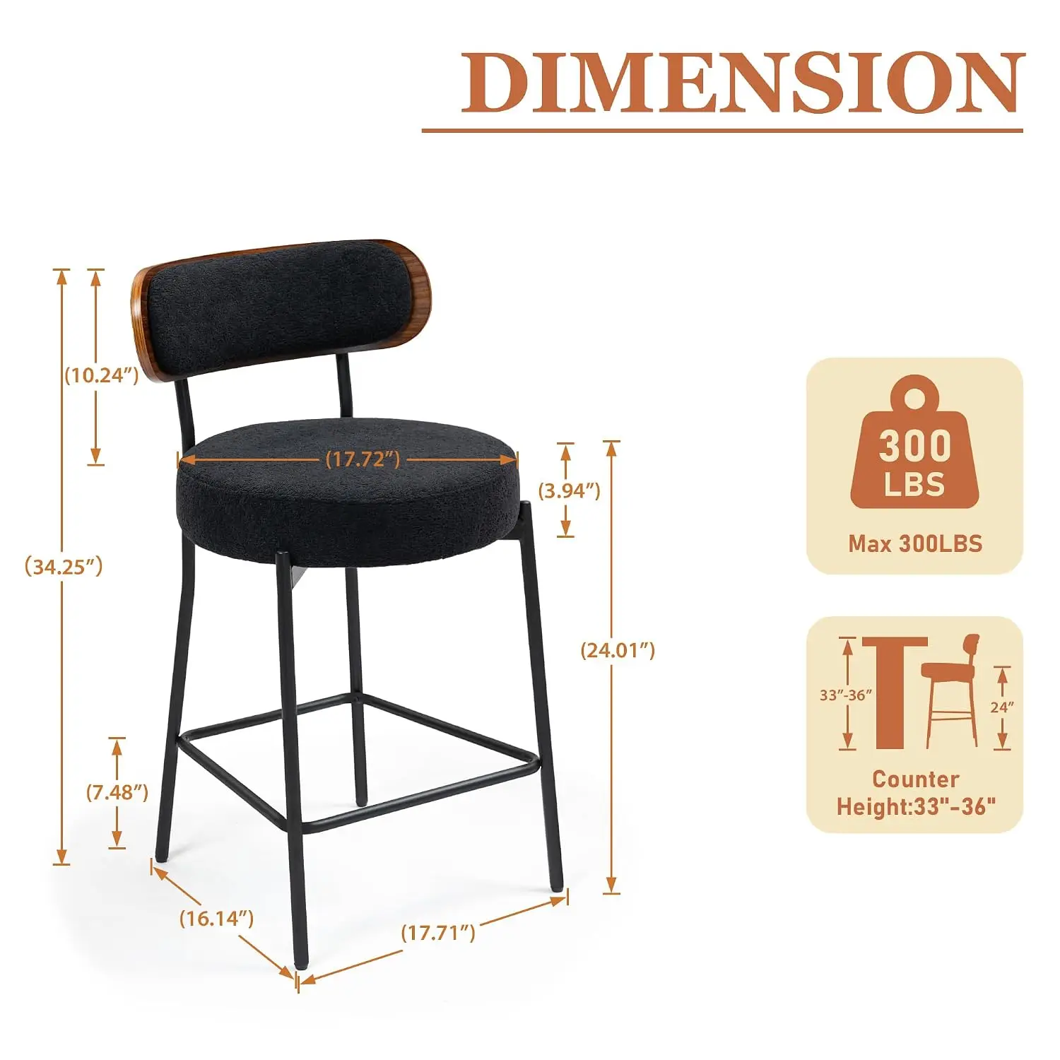 Bar Stools Set of 2,Black Counter Height Bar Stools,24 Inch Boucle Upholstered Barstools with Wood Back, Customized