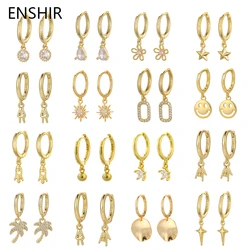 ENSHIR ต่างหูห่วงทรงเรขาคณิตสีทองสำหรับผู้หญิงต่างหูคิวบิกเซอร์โคเนียฮักกี้เครื่องประดับสำหรับงานปาร์ตี้ของขวัญ