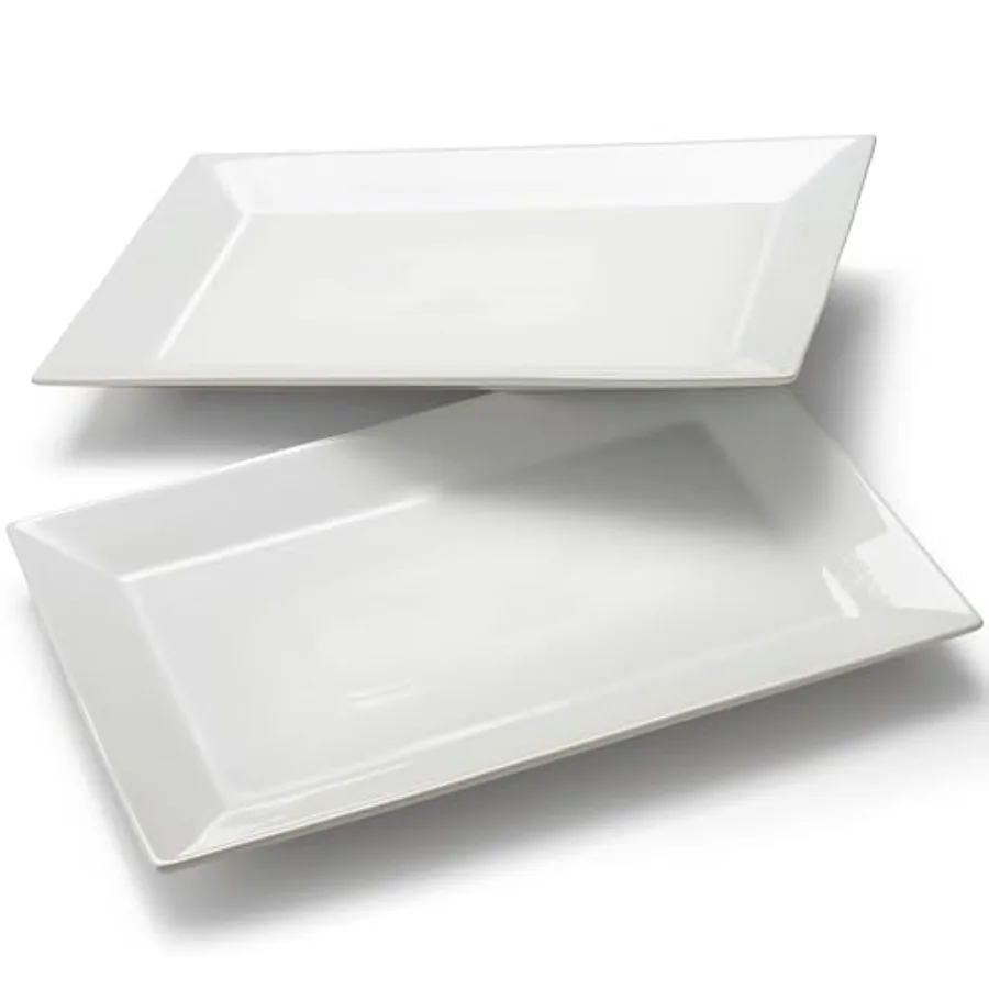 

18" x 12" Large Serving Platters Set of 2 Porcelain HeavyDuty Large Serving Trays White Rectangular Plates for Turkey Food Frui
