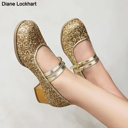 Girls Sequins Glitter Gold Silver Shoes Women Mary Janes Shoes Ladies 3cm Heel Low Heels Party Bling Round Toe Pumps Free Ship