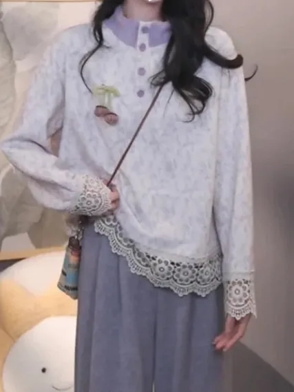 

Casual Loose Long Sve Tie Dye irt Women's Autumn Winter Lace Trim Splice Overhead Sle Breathable Thiened Girl's irt