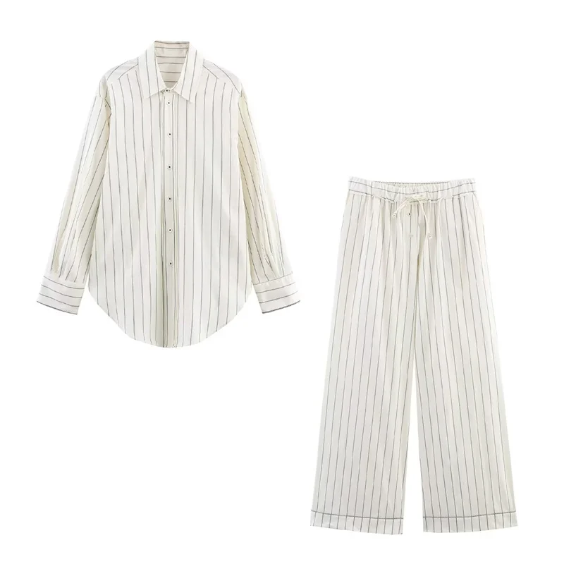 

2025 Women's New Suit Summer White Striped Trim Long Sleeve Loose Shirt Straight Trousers Set Casual Fashion Individuality