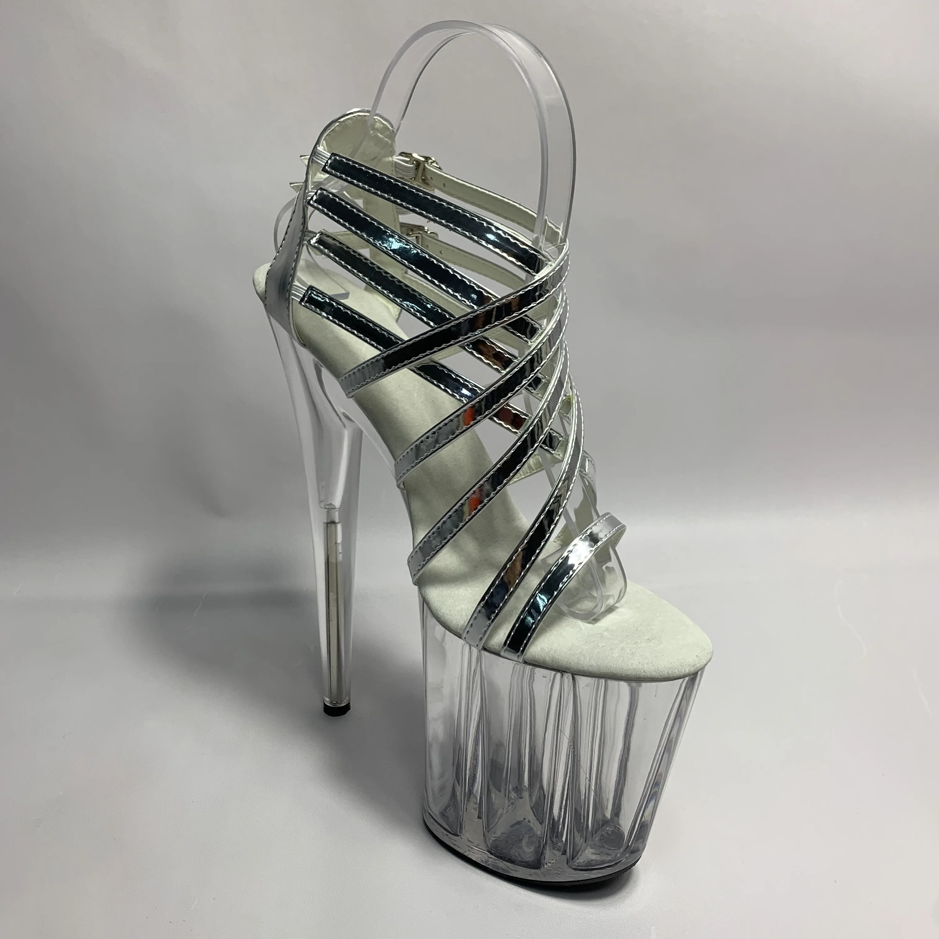 Stiletto 20 cm high heels, cross strap sexy club performance transparent crystal dance shoes