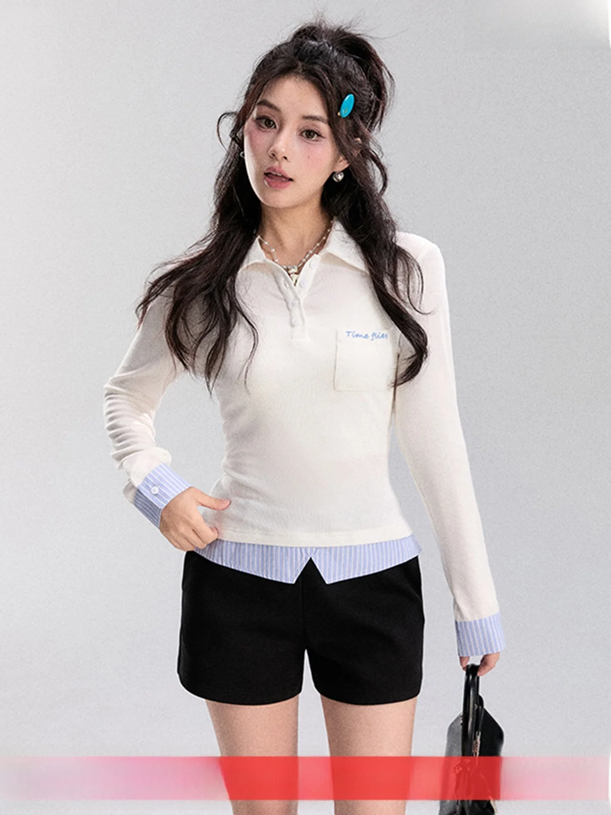 

Spring New Sle Age Reduction Design Ne T-irt Women Color Blo irt Fake Two-Piece Top Cute Sle Slim Fit Long S...