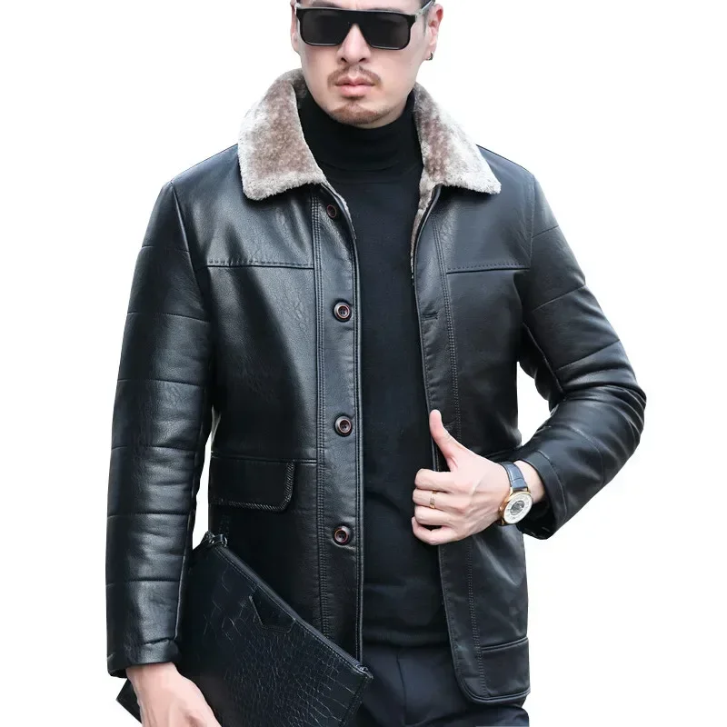 YXL-838 Natural Leather Men's Autumn and Winter Sheepskin Casual Lapel Mid Length Business Leather Down Jacket Plus Size
