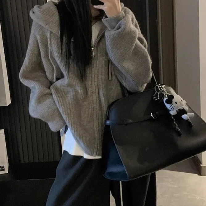 

Women's Autumn Winter New Lazy Inner Wear Cardigan Sweatshirt Outerwear Polyester Fabric Korean Style Zipper Knitted Sweater