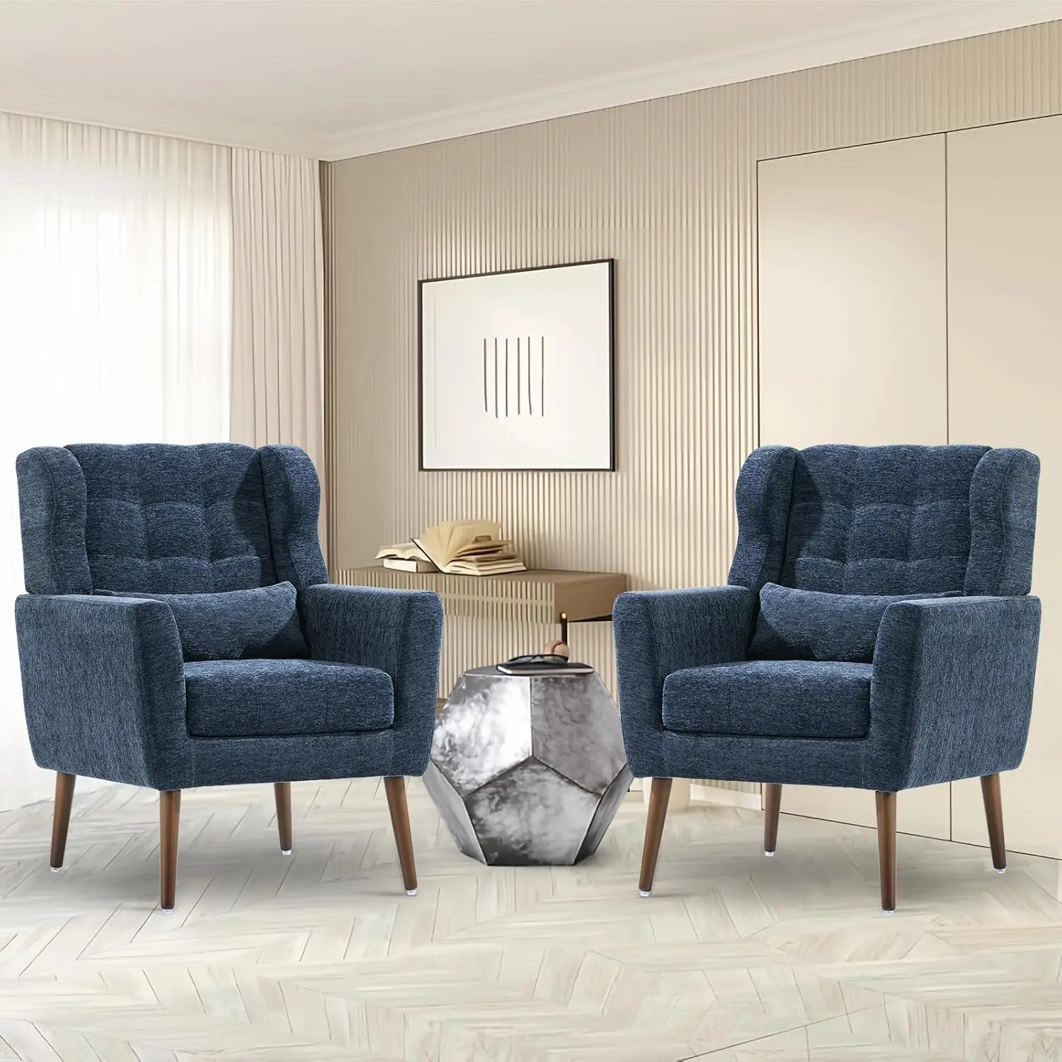 Accent Chairs Set of 2 for Living Room Chenille Upholstered Mordern Armchair Comfy Soft Padded Pillow Solid Wood Leg Blue