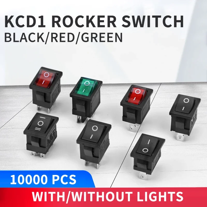 

100pcs KCD1 4Pin 2Pin 3Pin 21*15mm ON-OFF Black Boat Car Rocker Switch 6A/250V 10A/125V AC With Red Green Light Switch