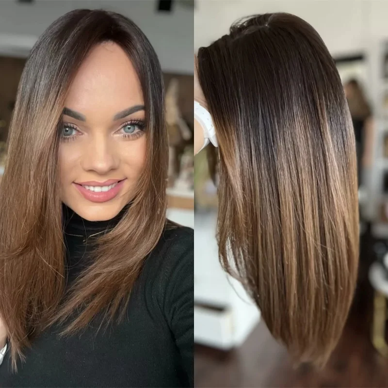 

Короткий прямой боб, новинка в свободной части, Ombre, карамельно-коричневый, мелирование HD, невидимый парик спереди, для женщин, бесклеевой парик для волос